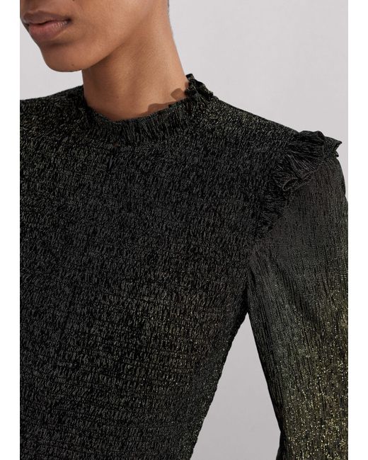 ME+EM Black Metallic Crinkle Smocked Blouse
