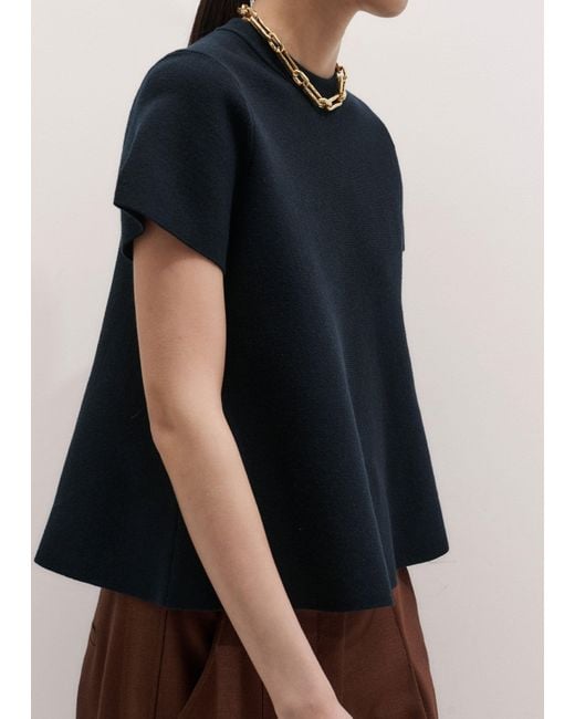 ME+EM Blue Wool Stretch Short Sleeve Swing Knit Top