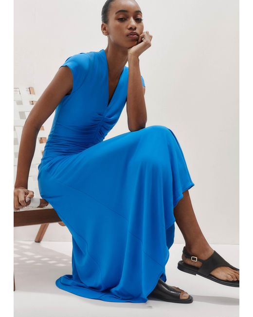 ME+EM Blue Fluid Crepe Jersey Pleat Front Maxi Dress