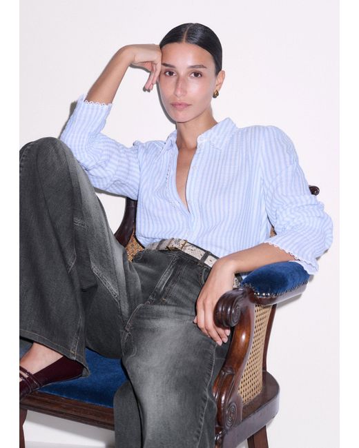 ME+EM Blue Cheesecloth Stripe Long Sleeve Blouse-Soft