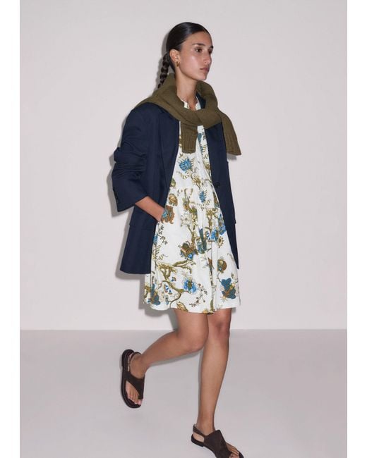 ME+EM White Jacobean Garden Print Short Tiered Swing Dress