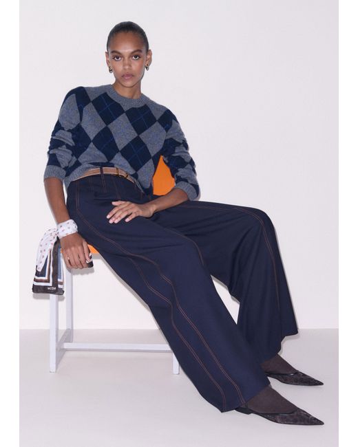 ME+EM Blue Contrast Top Stitch Wide Leg Pant