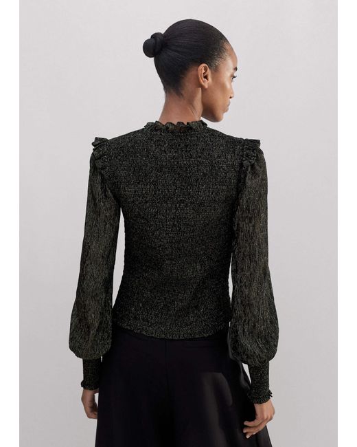 ME+EM Black Metallic Crinkle Smocked Blouse