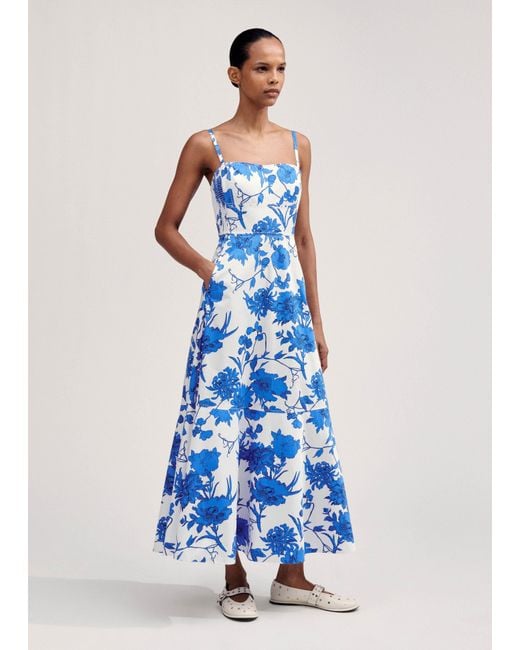ME+EM Blue Cotton Scribbled Flower Print Maxi Dress