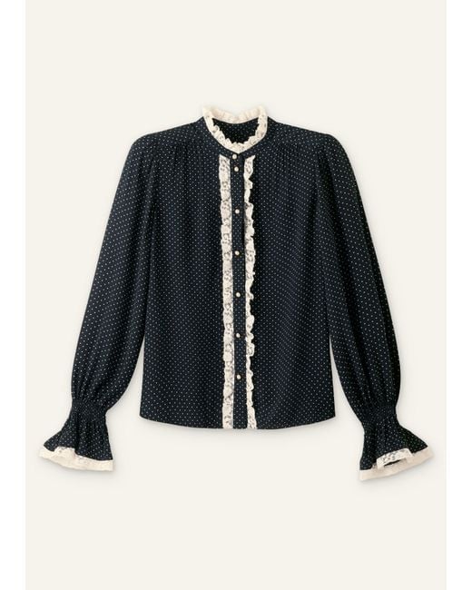 ME+EM Black Micro Polka Dot And Lace Blouse/Light Cream