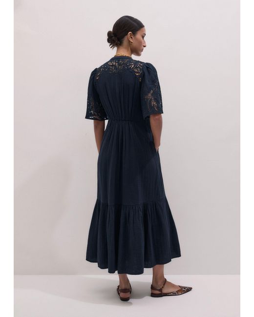 ME+EM Blue Cheesecloth Embroidered Maxi Dress + Belt