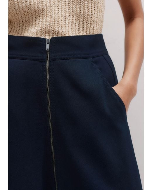 ME+EM Blue Luxe Travel Tailoring Zip-Front Midi Skirt