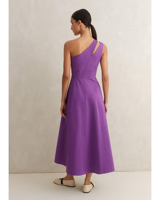 ME+EM Purple Cotton Sateen One Shoulder Midi Dress