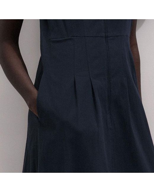 ME+EM Blue Fit And Flare Cotton Seersucker Midi Dress + Belt