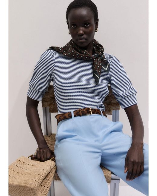 ME+EM Blue Striped Pouf Sleeve Tee Deep-Soft