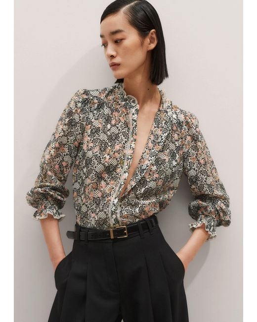 ME+EM Brown Silk Cotton Straight Blouse Light Cream/Multi