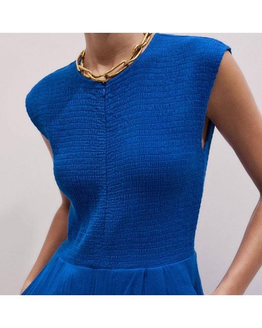 ME+EM Blue Cheesecloth Smocked Bodice Wide Leg Jumpsuit + Belt