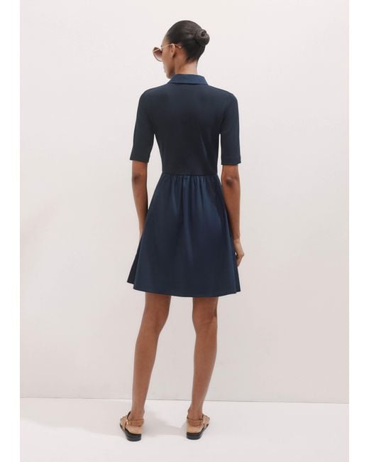 ME+EM Blue Mixed Media Shirt Collar Short Dress