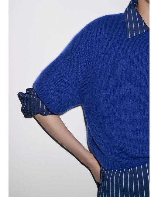 ME+EM Blue Wool Cashmere Silk Relaxed Crop Knit Tee