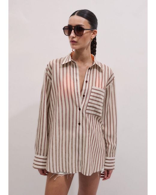 ME+EM Brown Cotton Voile Stripe Boyfriend Shirt Cinnamon-Light Cream