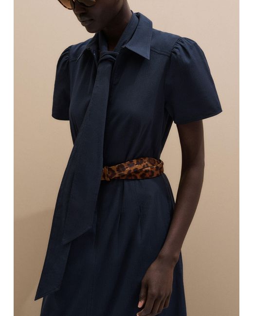 ME+EM Blue Fit And Flare Cotton Seersucker Midi Dress + Belt