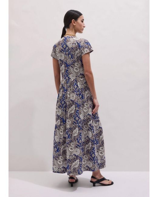ME+EM Multicolor Elaborate Botanical Print Tiered Maxi Slub Dress