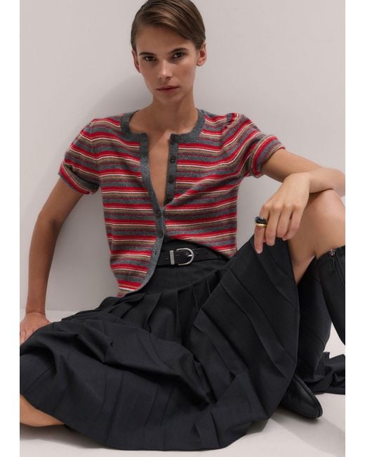 ME+EM Multicolor Pouf Sleeve Striped Cashmere Button Through Tee