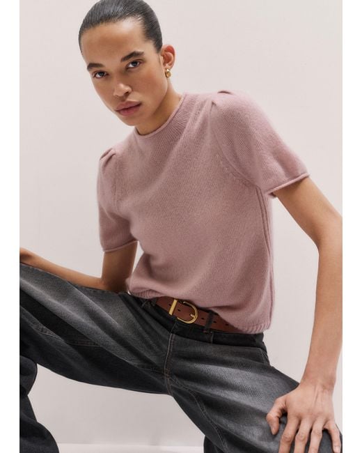 ME+EM Pink Merino Cashmere Silk Pouf Sleeve Knit Tee