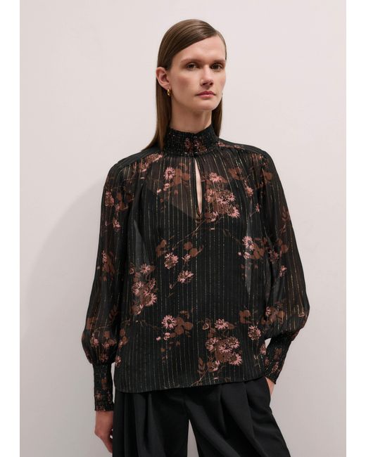 ME+EM Black Silk Blend Watercolour Print Swing Blouse With Tie + Cami/Multi