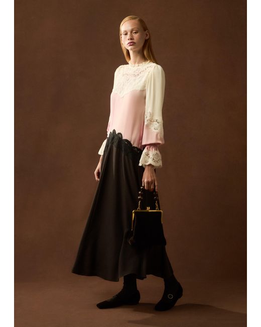 ME+EM Brown Silk Color Block Lace Maxi Dress + Belt