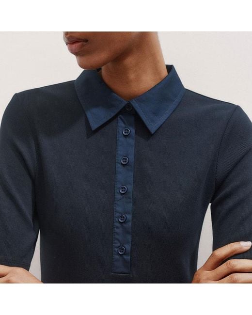 ME+EM Blue Mixed Media Shirt Collar Short Dress