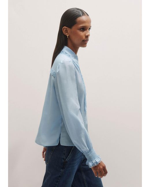 ME+EM Blue Silk Cotton Lace Trim Straight Blouse