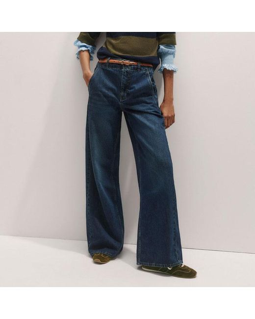 ME+EM Blue Silk Cotton Lace Trim Straight Blouse