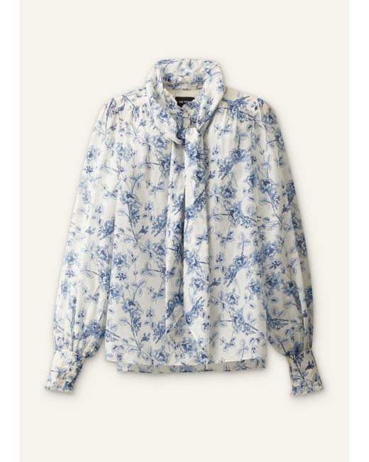 ME+EM Gray Silk Cotton Blend Floral Print Blouse + Tie