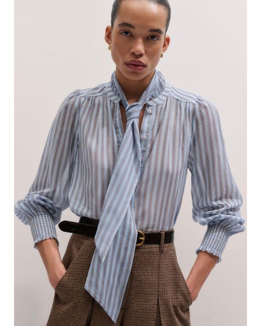 ME+EM Blue Cotton Voile Stripe Blouse + Tie