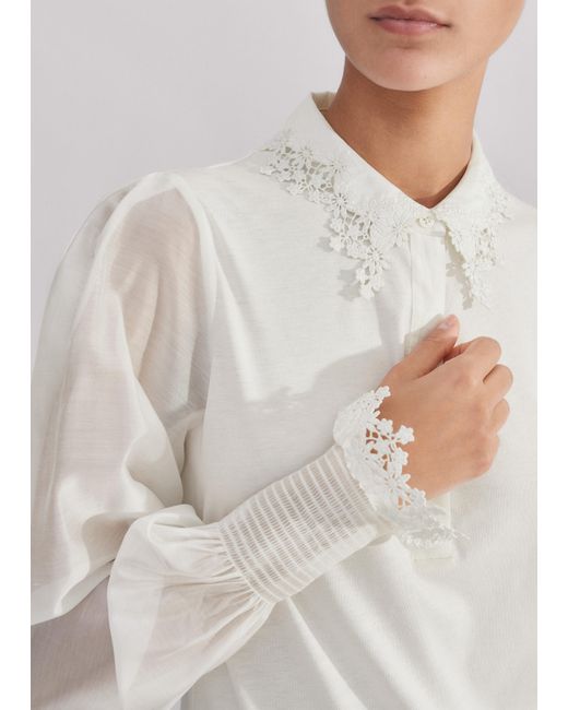 ME+EM Brown Daisy Embroidered Edge Layering Blouse