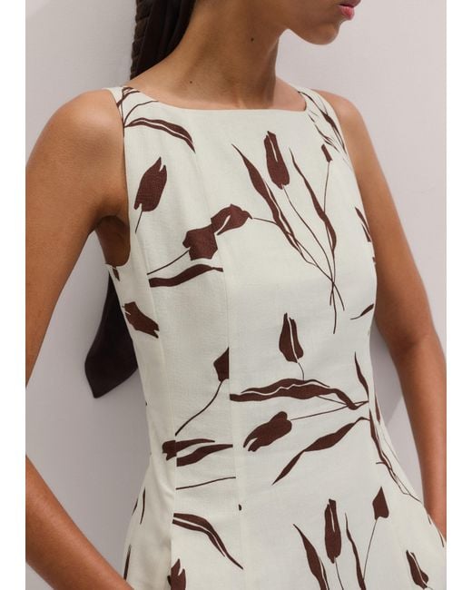 ME+EM White Crease-Less Linen Modern Tulips Print Maxi Dress Light Cream