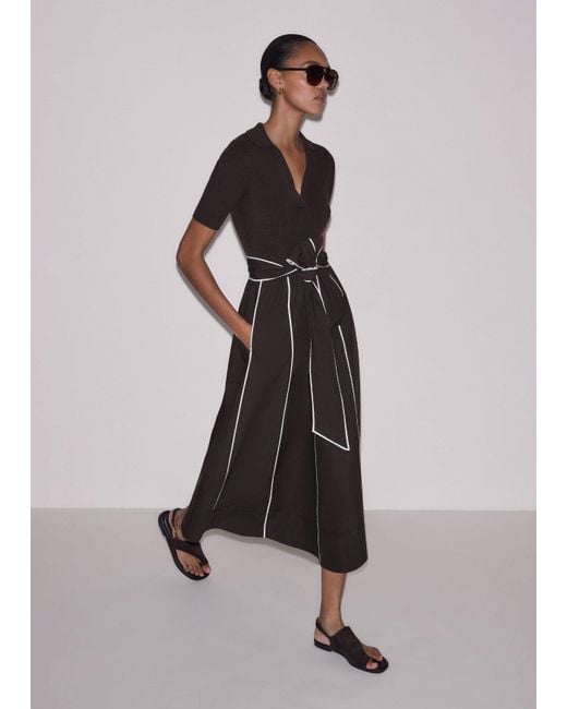 ME+EM Multicolor Mixed Media Fit And Flare Midi Dress + Belt-Light Cream