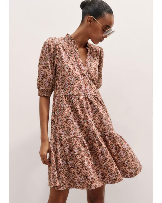 ME+EM Multicolor Climbing Buds Print Short Tiered Slub Dress