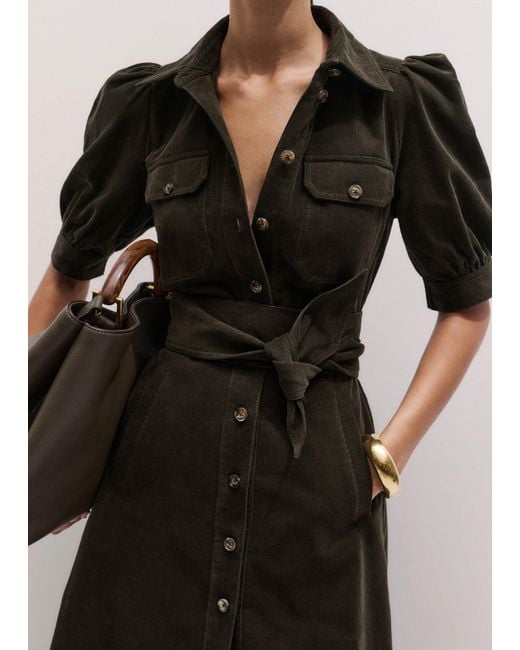 ME+EM Green Cord Fit And Flare Maxi Shirt Dress + Tie Rich