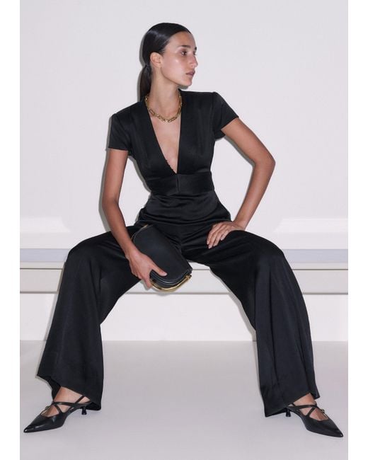 ME+EM White Satin Pintuck Detail Wide Leg Jumpsuit