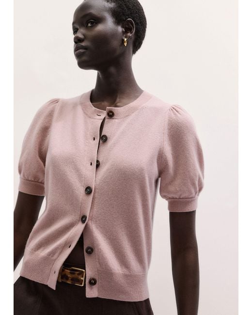 ME+EM Pink Pouf Sleeve Cashmere Button Through Tee