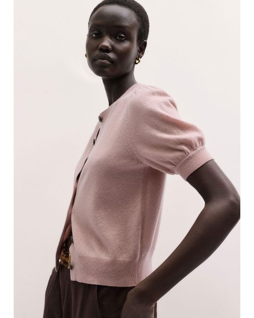 ME+EM Pink Pouf Sleeve Cashmere Button Through Tee