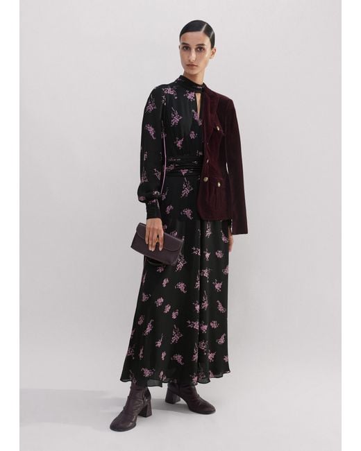 ME+EM Black Silk Scattered Floral Print Maxi Dress