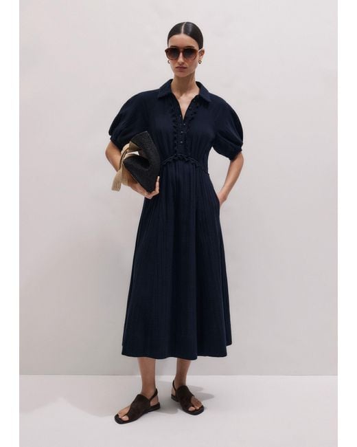 ME+EM Blue Fit & Flare Cheesecloth Intricate Detail Midi Dress