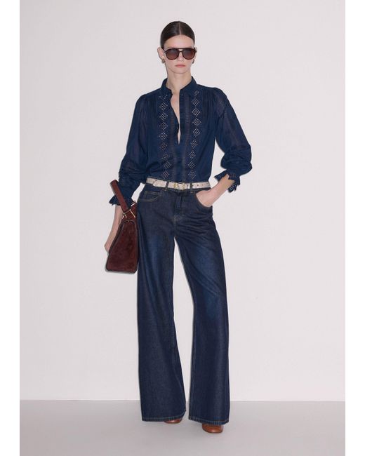 ME+EM Blue Cotton Voile Broderie Detail Shirt