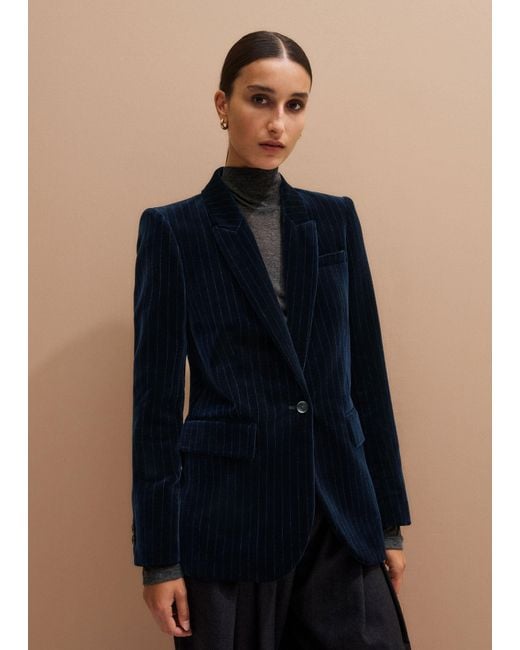 ME+EM Blue Pinstripe Velvet Sharp Shoulder Blazer