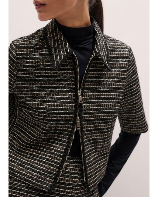 ME+EM Black Stripe Tweed Zip-Front Top