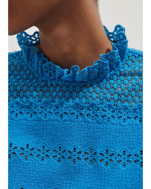 ME+EM Blue Crochet Lace Cotton T-Shirt