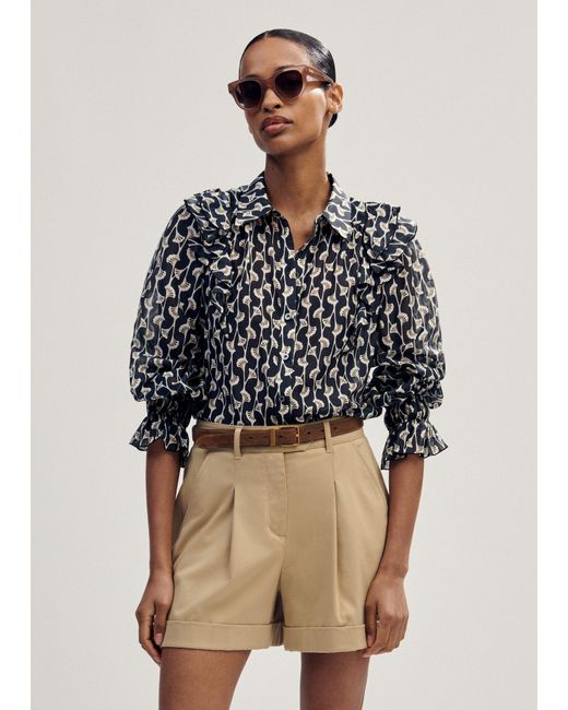 ME+EM Brown Silk Cotton Gingko Leaf Print Blouse