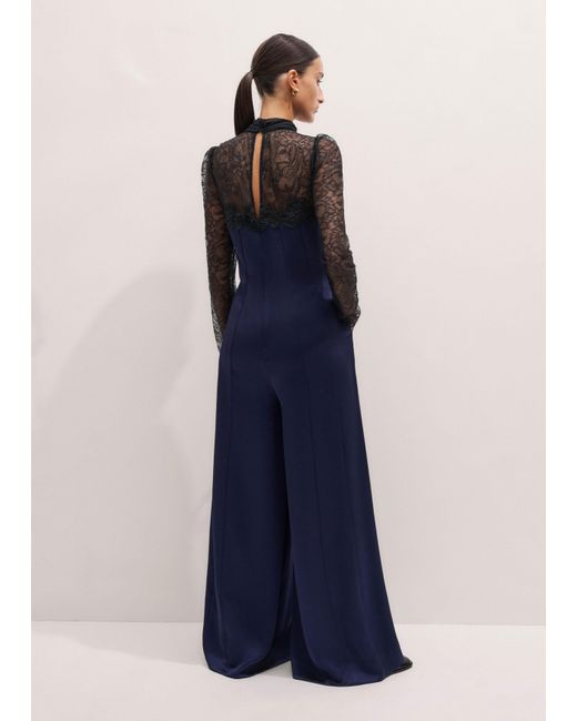 ME+EM Blue Lace + Satin Back Crepe Wideleg Jumpsuit + Belt
