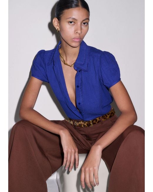 ME+EM Blue Cheesecloth Cap-Sleeve Blouse
