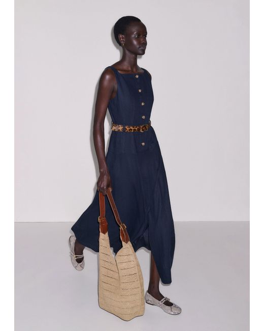 ME+EM Blue Crease-Less Linen Button Front Maxi Dress + Belt