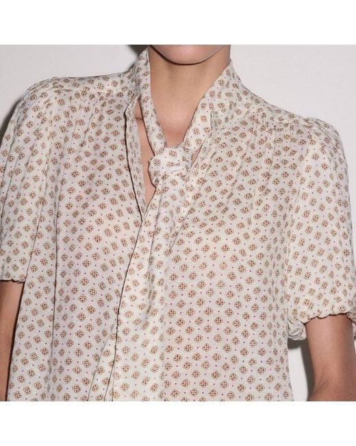 ME+EM Gray Silk Cotton Foulard Print Short Sleeve Blouse + Tie