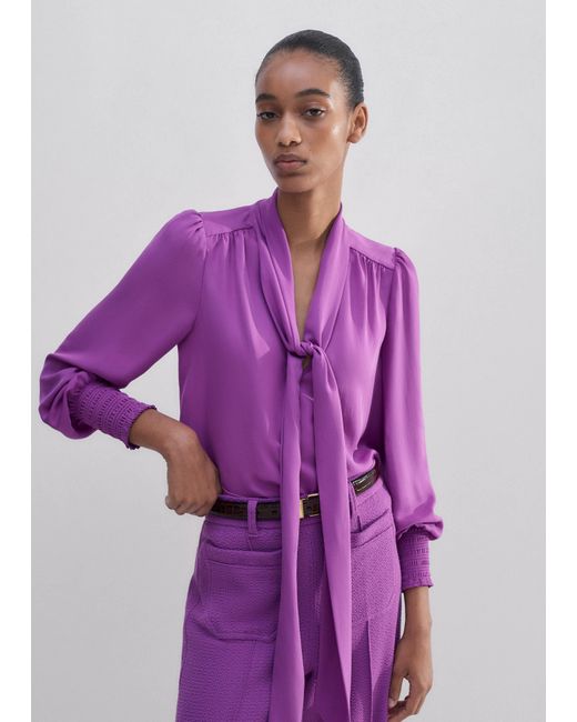 ME+EM Purple Silk V-Neck Tie Swing Blouse